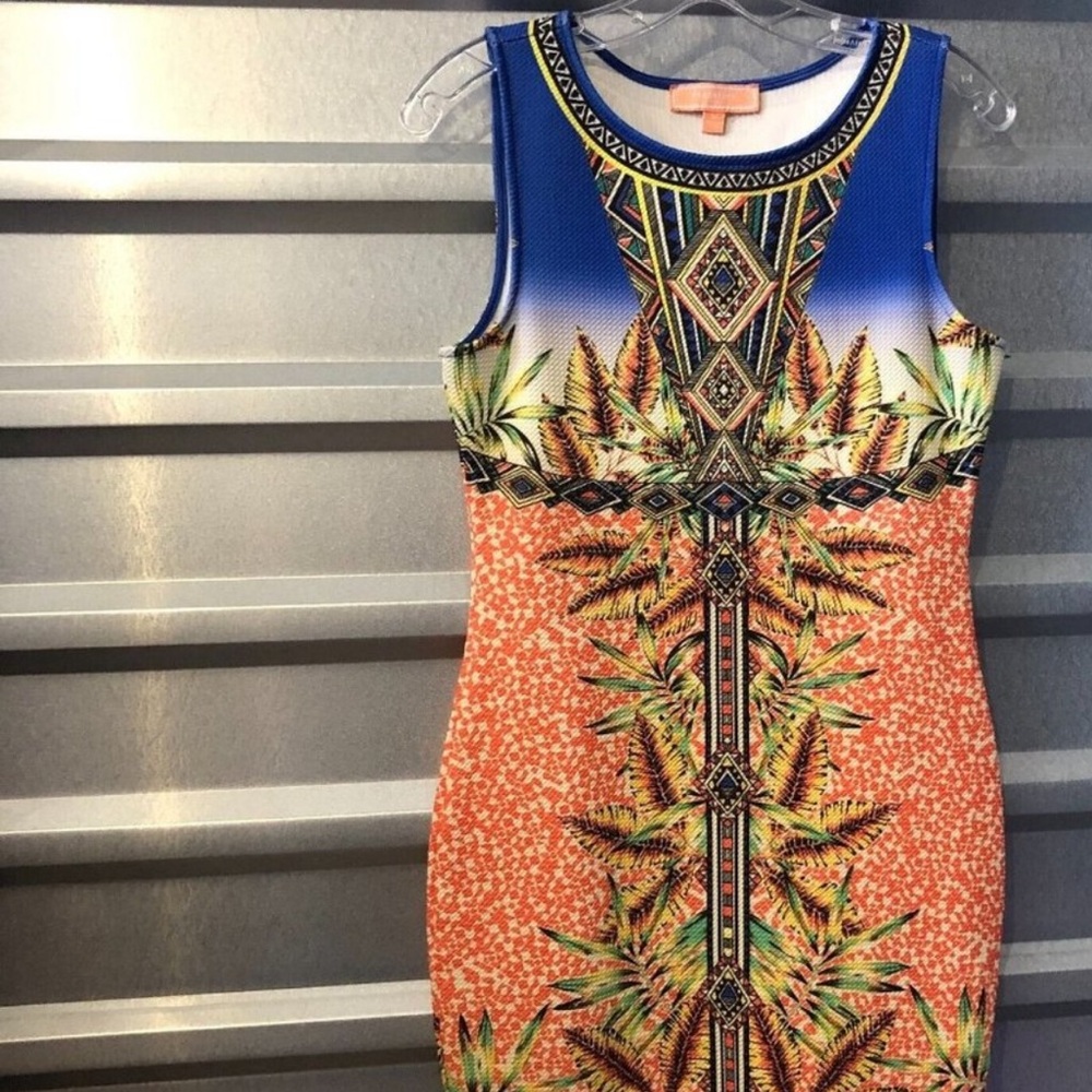 Peach Puff womens dress medium m Pencil Bodycon tribal cultural blule orange Bi